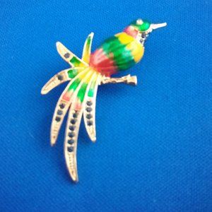 Vintage bird pin gold tone red green and yellow enamel blue rhinestones